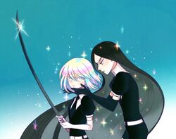 2others black_gloves black_hair blue_background bort diamond_(houseki_no_kuni) elbow_gloves gem_uniform_(houseki_no_kuni) gloves gradient gradient_background hair_between_eyes holding houseki_no_kuni katana long_hair multiple_others necktie parted_lips rainbow_eyes rainbow_hair short_hair side sparkle sword tanpi very_long_hair weapon white_gloves