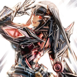  1girl :d android arm_up armor black_hair breasts commentary_request from_behind joints lisa_(pso2) long_hair looking_at_viewer looking_back mecha_musume metal_hair open_mouth phantasy_star phantasy_star_online_2 red_eyes robot_joints shoulder_armor sidelocks smile solo sushi_(sashimise) upper_body white_background 