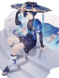  1boy absurdres anemo_symbol_(genshin_impact) armor bishounen black_gloves black_shirt black_shorts blue_eyes blue_hair elbow_gloves expressionless fingerless_gloves genshin_impact gloves hat high-waist_shorts highres japanese_armor japanese_clothes jingasa kote kurokote looking_at_viewer male_focus mullet sandals scaramouche_(genshin_impact) shirt short_hair shorts sitting sleeveless sleeveless_shirt solo vision_(genshin_impact) wanderer_(genshin_impact) wolfram_1 zouri 