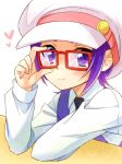  1girl adjusting_glasses blush dokidoki!_precure glasses hat kenzaki_makoto light_smile precure purple_hair shiho_(acoram) short_hair solo table violet_eyes 