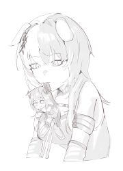  2girls absurdres animal_ears arm_strap dog_ears dog_girl dress greyscale highres hololive hololive_english kurochanai long_hair mini_person minigirl monochrome mouth_hold multiple_girls nerissa_ravencroft ribbon shiori_novella shiori_novella_(1st_costume) virtual_youtuber 