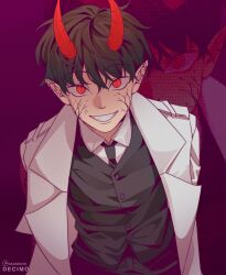  1boy :d black_hair black_necktie black_vest coat collared_shirt colored_veins demon_horns evil_grin evil_smile from_above grin highres horns kim_dokja looking_at_viewer male_focus nadardoh necktie official_alternate_costume omniscient_reader&#039;s_viewpoint open_clothes open_coat red_eyes shirt short_hair slit_pupils smile solo vest white_coat white_shirt zoom_layer 