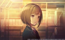  1girl artist_collaboration blue_jacket bow bowtie brown_eyes brown_hair chain-link_fence colorful_palette commentary_request english_commentary fence game_cg highres jacket kamiyama_high_school_uniform_(project_sekai) keikyoku_no_machi_wa_doko_e_(project_sekai) kuwabara_(mola_8) looking_at_another mixed-language_commentary official_art on_rooftop open_mouth project_sekai red_bow red_bowtie school_uniform shinonome_ena shirt short_hair solo white_shirt 