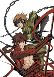  2boys black_gauntlets brown_hair camouflage chain closed_mouth hairband jacket kdash male_focus multiple_boys muscular muscular_male open_clothes open_jacket ponytail red_eyes red_hairband sanada_yukimura_(sengoku_basara) sarutobi_sasuke_(sengoku_basara) sengoku_basara shredded_muscles simple_background white_background 