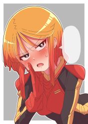  1girl absurdres bent_over blush breasts gloves gundam gundam_zz highres looking_at_viewer mecha_pilot_suit military_uniform neo_zeon onimaru_(onimal7802) orange_hair puru_two red_gloves science_fiction short_hair small_breasts solo upper_body 