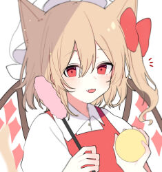  1girl animal_ears ball blonde_hair blush bow cat_ears cat_girl cat_teaser collared_shirt commentary_request crystal_wings double-parted_bangs fang flandre_scarlet hair_between_eyes hair_bow hat highres holding holding_ball kemonomimi_mode looking_at_viewer mob_cap notice_lines one_side_up open_mouth puffy_sleeves red_bow red_eyes red_vest shirt short_hair smile solo star-shaped_pupils star_(symbol) symbol-shaped_pupils touhou upper_body vest white_background white_hat white_shirt wings yurui_tuhu 