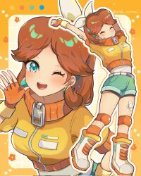  1girl alternate_costume blue_eyes breasts brown_hair crop_top gloves highres jewelry long_hair looking_at_viewer mario_kart mario_kart_world midriff navel norimaki_(nrmk_norinori) one_eye_closed open_mouth princess_daisy short_shorts shorts smile solo stretching super_mario_bros. zipper_pull_tab 