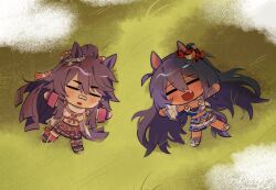  2girls animal_ears asymmetrical_legwear bandaid bandaid_on_face bandaid_on_nose bandeau black_hair black_socks black_thighhighs blue_bandeau blue_hair blue_skirt blush breasts brown_hair chest_sarashi chibi choker closed_eyes coat dark-skinned_female dark_skin deformed fang fingerless_gloves fur_choker gloves grass hair_between_eyes hair_ornament hairclip highres hishi_amazon_(azure_amazon)_(umamusume) hishi_amazon_(umamusume) horse_ears horse_girl horse_tail hwipa_(param_blue) jacket long_hair long_sleeves lying midriff multiple_girls narita_brian_(maverick)_(umamusume) narita_brian_(umamusume) navel on_back open_mouth outdoors pink_gloves plaid_clothes plaid_skirt ponytail rope sarashi shimenawa shirt shoes single_sleeve single_thighhigh skirt smile socks stomach tail thigh-highs torn_clothes torn_coat two-tone_bandeau two-tone_shirt two-tone_skirt umamusume uneven_legwear very_long_hair white_bandeau white_choker white_coat white_skirt 