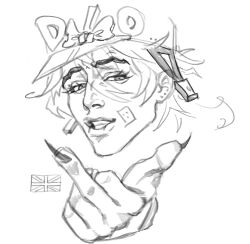  1boy bandage_on_face bandages bandaid bow commentary diego_brando ear_birthmark earrings english_commentary fingernails greyscale hat hat_bow helmet highres jewelry jojo_no_kimyou_na_bouken long_fingernails male_focus middle_finger monochrome nichewhence portrait sharp_fingernails sketch smile solo steel_ball_run teeth union_jack 