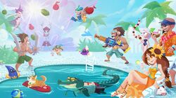  animalization axe diana_(league_of_legends) draven food highres ice_cream kanas karthus league_of_legends lee_sin leona_(league_of_legends) lifeguard malcolm_graves nasus pool renekton sunglasses swimsuit syndra teemo water_balloon water_gun weapon ziggs 