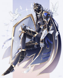  1boy absurdres animal armor belt bird black_cape black_coat black_helmet black_pants cape capitano_(genshin_impact) coat commentary_request dove full_body fur-trimmed_cape fur_trim gauntlets genshin_impact gold_trim helmet highres holding male_focus pants pauldrons shoulder_armor solo thigh_belt thigh_strap uouzzz white_bird 