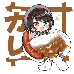  1girl :d absurdres animal backwards_hat baseball_cap beret bird black_bow black_hair blue_eyes blue_jacket blush_stickers bow braid chibi commentary_request curry curry_rice duck food grey_hat hat highres hololive in_food jacket kutata looking_at_viewer mini_person minigirl oozora_subaru oozora_subaru_(suspenders) plate rice sausage smile sparkle striped_bow subaru_duck text_background translated virtual_youtuber white_background 