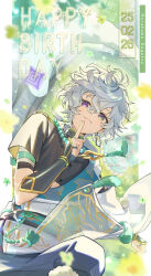  1boy arm_guards bead_necklace beads black_shirt character_name commentary_request crop_top dated english_text feet_out_of_frame from_below green_eyes grey_hair grey_pants happy_birthday heterochromia japanese_clothes jewelry kariginu knee_up looking_at_viewer looking_down male_focus murakumo_kagetsu murakumo_kagetsu_(1st_costume) necklace nijisanji outdoors pants pillarboxed sakuro shirt short_hair smile solo tree violet_eyes virtual_youtuber 