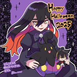  1girl black_hair black_nails chandelure character_doll closed_mouth colored_inner_hair commentary_request doll eyelashes hair_between_eyes happy_halloween hex_maniac_(pokemon) hex_maniac_(pokemon_legends:_z-a) highres juliet_sleeves kieran_(pokemon) lipstick long_hair long_sleeves makeup meeee_hitsuji mole mole_under_eye multicolored_hair outline pokemon pokemon_legends:_z-a pokemon_sv puffy_sleeves pumpkaboo purple_ribbon ribbon two-tone_hair white_outline yellow_eyes 