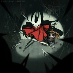  1boy 1girl arito_meew arthropod_boy arthropod_girl artist_name black_eyes black_skin cape cloak colored_skin full_body hat hiding hiding_behind_another highres holding hollow_eyes hollow_knight hollow_knight:_silksong hornet_(hollow_knight) mask needle_(hollow_knight) red_cloak serious sherma_(hollow_knight) standing weapon 