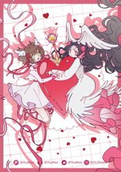  2girls border cardcaptor_sakura commentary_request cross-laced_clothes cross-laced_legwear dress facebook_username green_eyes heart highres holding holding_wand hoshi_no_tsue instagram_username kinomoto_sakura long_hair multiple_girls pink_border shadow smile twitter_username very_long_hair wand white_dress yuzikoz_mega 