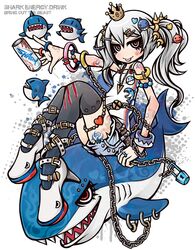  belt bracelet can chain crown denim denim_shorts energy_drink english hair_ornament high_heels highres jewelry lock long_hair necklace original padlock piercing project.c.k. red_eyes shark shark_energy_drink shorts silver_hair tank_top tattoo thigh-highs tongue tribal_tattoo twintails zettai_ryouiki 