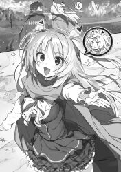  1boy 1girl :d ascot blush breasts buta_koushaku charlotte_lily_hughjack chibi cloak clouds collared_shirt cowboy_shot fat fat_man from_above greyscale hair_ribbon hand_up light_bulb long_hair long_sleeves medium_breasts monochrome nauribon novel_illustration official_art open_hand open_mouth outdoors outstretched_arm plaid_clothes plaid_skirt pleated_skirt ribbon school_uniform shirt short_hair skirt sky slow_denning smile speech_bubble spoken_light_bulb standing third-party_source two_side_up very_long_hair vest 