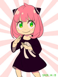 1girl anya_(spy_x_family) black_dress blush_stickers child dated dress endou_tatsuya fighting_stance green_eyes hairpods highres medium_dress medium_hair pink_hair smile solo spy_x_family v-shaped_eyebrows 