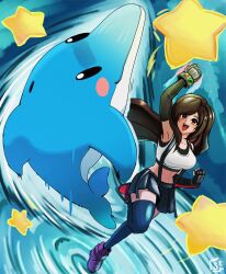  1girl arm_up armpits attack black_gloves black_hair black_skirt black_sports_bra black_thighhighs blush blush_stickers boots breasts clenched_hands commentary crop_top dolphin elbow_gloves final_fantasy final_fantasy_vii final_fantasy_vii_remake fingerless_gloves foot_up gloves highres large_breasts long_hair materia open_mouth red_boots red_eyes signature skirt sports_bra standing standing_on_liquid standing_on_one_leg star_(symbol) stoic_seraphim suspender_skirt suspenders tank_top thigh-highs tifa_lockhart uppercut water white_tank_top zettai_ryouiki 