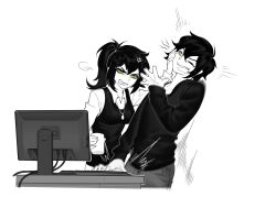  1boy 1girl adam&#039;s_apple ahoge aierlaobo andrew_graves anger_vein angry antenna_hair breasts bright_pupils collarbone collared_shirt commentary computer computer_keyboard cropped_legs cup desk double-parted_bangs english_commentary fang green_eyes greyscale hair_between_eyes hand_on_another&#039;s_cheek hand_on_another&#039;s_face hand_up high_contrast high_ponytail highres holding holding_cup jewelry long_sleeves looking_at_another looking_at_screen medium_hair meta monochrome mother_and_son motion_blur motion_lines necklace one_eye_closed open_mouth ponytail puffy_long_sleeves puffy_sleeves renee_graves shirt short_hair simple_background small_breasts spot_color sweater sweater_vest teeth the_coffin_of_andy_and_leyley upper_teeth_only v-shaped_eyebrows white_background 