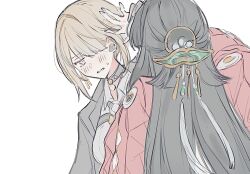  2girls adjusting_another&#039;s_hair astra_yao black_coat black_hair blonde_hair blush coat coat_on_shoulders earpiece earrings evelyn_chevalier from_behind hair_over_one_eye highres holding_another&#039;s_arm jacket jewelry long_hair looking_at_another mole mole_under_eye multiple_girls necktie oddno open_mouth pendant_choker red_jacket red_shrug ring_hair_ornament shirt shrug_(clothing) simple_background upper_body violet_eyes white_background white_shirt yellow_necktie yuri zenless_zone_zero 