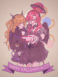  2girls alternate_costume bare_shoulders black_choker black_corset black_dress bow brown_background cellphone chain choker closed_mouth collarbone commentary_request corset cowboy_shot demon_horns demon_tail demon_wings dress eyelashes fake_horns fake_tail fake_wings fingernails food gold_chain hair_between_eyes halloween halloween_costume hand_on_own_hip hands_up happy_halloween hecatia_lapislazuli highres holding holding_food holding_phone horns junko_(touhou) long_hair low_ponytail medium_hair multiple_girls nail_polish off-shoulder_dress off_shoulder orange_hair phone pink_bow pink_lips pink_ribbon ponytail puffy_short_sleeves puffy_sleeves purple_ribbon raya_(uk_0128) red_eyes red_hair red_lips red_nails ribbon short_sleeves sidelocks simple_background smartphone smile standing tail taking_picture teeth touhou twitter_username underworld_(ornament) wavy_hair wings wrist_cuffs 