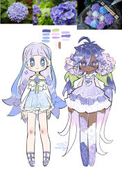  2girls absurdres ahoge amy7996659 apron bare_legs bare_shoulders beads blue_eyes blue_flower blue_hair blue_skirt blunt_bangs bow bowtie brooch chinese_commentary choker closed_mouth color_guide colored_eyelashes colored_inner_hair commentary_request crossed_bangs dark-skinned_female dark_skin dated dress expressionless floral_print flower flower_brooch flower_in_eye flower_request footwear_flower frilled_dress frilled_shirt frills frown full_body gradient_hair green_bow green_bowtie green_choker hair_beads hair_between_eyes hair_ornament happy high-waist_skirt highres jewelry knees leaf light_blush long_hair long_sleeves low_twintails miniskirt mismatched_thighhighs multicolored_hair multiple_girls off-shoulder_shirt off_shoulder original personification pink_hair pleated_dress pleated_skirt print_boots print_skirt print_thighhighs puffy_long_sleeves puffy_sleeves purple_apron purple_bow purple_dress purple_flower purple_hair purple_sandals reference_inset sandals shirt short_dress signature simple_background skirt smile standing straight-on symbol_in_eye tareme thigh-highs tsurime twintails two-tone_hair very_long_hair white_background white_flower white_shirt white_thighhighs 