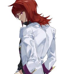  1boy butayar5 cowlick from_behind highres looking_at_viewer looking_back male_focus official_alternate_costume pokemon pokemon_masters_ex red_hair silver_(champion)_(pokemon) silver_(pokemon) simple_background solo violet_eyes white_background 