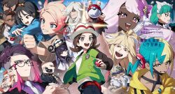 6+boys 6+girls :d ahoge arm_up beard black-framed_eyewear black_hair blonde_hair bracelet brown_hair canari_(pokemon) clenched_hand closed_mouth commentary_request corbeau_(pokemon) dark-skinned_male dark_skin emma_(pokemon) everyone facial_hair floette floette_(eternal) glasses gloves green_hair green_jacket grin griselle_(pokemon) grisham_(pokemon) gwynn_(pokemon) hand_up harmony_(pokemon) hat holding holding_poke_ball jacinthe_(pokemon) jacket jewelry lebanne_(pokemon) lida_(pokemon) long_hair mask mask_pull mouth_mask multicolored_hair multiple_boys multiple_girls n_(pokemon) naveen_(pokemon) ninahachi open_clothes open_jacket open_mouth pants philippe_(pokemon) poke_ball poke_ball_(basic) pokemon pokemon_(creature) pokemon_legends:_z-a round_eyewear shirt smile sweatdrop tarragon_(pokemon) teeth twintails upper_teeth_only urbain_(pokemon) watermark white_gloves white_shirt yellow_eyes 