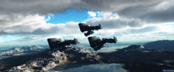  3d aircraft airplane artist_name blue_sky clouds cloudy_sky commentary cyclops_(eve_online) day english_commentary eve_online fleet flying gallente_federation_(eve_online) heavy_fighter_(eve_online) highres lake military_vehicle mountain no_humans outdoors realistic scenery science_fiction sky spacecraft starfighter vankaiser vehicle_focus water 