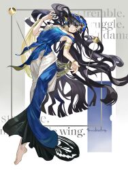  1girl absurdres armlet bare_shoulders barefoot black_hair blue_dress blue_veil bracelet closed_mouth dress dutch_angle english_text evening_gown floating_hair grey_background hand_up highres isolde_(reverse:1999) jewelry long_dress long_hair official_alternate_costume reverse:1999 shawl sleeveless sleeveless_dress smile solo two-tone_dress veil very_long_hair violet_eyes white_dress wu_fuzuoyong yellow_shawl 