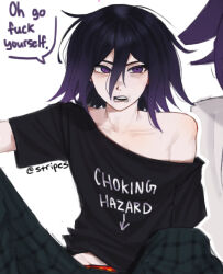  1boy black_hair black_shirt danganronpa_(series) danganronpa_v3:_killing_harmony english_text hair_between_eyes highres hungrystripes long_sleeves looking_at_viewer male_focus oma_kokichi open_mouth shirt short_hair short_sleeves single_bare_shoulder solo speech_bubble teeth violet_eyes 
