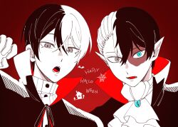  2boys aoyagi_touya bat_(animal) blue_eyes boku_no_hero_academia commentary crossover gloves hair_between_eyes halloween hand_up happy_halloween heterochromia high_collar highres looking_at_viewer male_focus mole mole_under_eye multicolored_hair multiple_boys open_mouth pointy_ears project_sekai red_background scar scar_on_face shikkaku_(2_3mlol) short_hair silk spider_web split-color_hair symbol-only_commentary teeth todoroki_shoto two-tone_hair upper_body vampire_costume 