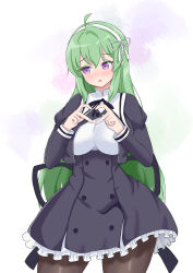  1girl absurdres ahoge assault_lily averting_eyes black_ribbon black_skirt blush bow_hairband breasts brown_pantyhose buttons chinese_commentary commentary_request cowboy_shot cropped_jacket four-finger_heart_hands frilled_skirt frills gradient_background green_background green_hair hair_between_eyes hair_ribbon hairband heart heart_hands high-waist_skirt highres juliet_sleeves large_breasts long_hair long_sleeves looking_to_the_side miniskirt neck_ribbon pantyhose parted_lips puffy_sleeves purple_background raised_eyebrows ribbon school_uniform shirt sideways_glance skirt solo standing tanaka_ichi very_long_hair white_background white_hairband white_ribbon white_shirt xingguang yurigaoka_girls_academy_school_uniform 