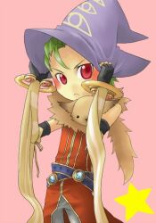  1boy :&lt; animal_around_neck belt black_gloves blue_belt closed_mouth commentary_request cowboy_shot detached_sleeves elbow_gloves eye_print fingerless_gloves fox gloves green_hair hat looking_at_viewer make_adog male_focus pink_background professor_(ragnarok_online) purple_hat ragnarok_online red_eyes red_shirt shirt short_hair simple_background sleeveless sleeveless_shirt solo star_(symbol) striped_sleeves v-shaped_eyebrows witch_hat yellow_sleeves 