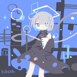  1girl @_@ abstract abstract_background blue_background blush building closed_mouth colo_(frypan_soul) dot_mouth geometry grey_hair heterochromia highres holding holding_notepad looking_at_viewer math notepad original raincoat shapes signature standing torn_clothes 