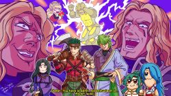  3girls 4boys axe bkub_(style) black_hair blonde_hair blue_eyes blue_hair boyd_(fire_emblem) brown_eyes capelet commentary dated elincia_ridell_crimea english_commentary english_text facial_mark fire_emblem fire_emblem:_path_of_radiance fire_emblem_heroes forehead_mark green_eyes green_hair gromell hair_over_one_eye highres holding holding_axe john_chrom long_hair lucia_(fire_emblem) male_focus mega_man_(series) multiple_boys multiple_girls multiple_views open_mouth over_shoulder parody sharena_(fire_emblem) short_hair soren_(fire_emblem) soren_(isolated_strategist)_(fire_emblem) stefan_(fire_emblem) subtitled weapon weapon_over_shoulder 
