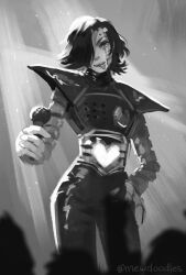  1boy 2025 2d android artist_name black_hair blurry blurry_foreground commentary cowboy_shot digital_media english_commentary gloves grey_background greyscale hair_over_one_eye hand_on_own_thigh holding holding_microphone humanoid humanoid_robot inktober looking_at_viewer male male_focus male_only mettaton mettaton_ex mewpet microphone monochrome pauldrons robot robot_boy short_hair simple_background solo spotlight tongue tongue_out undertale utdr_(toby_fox) 