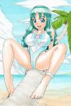  1girl absurdres adult beach blue_eyes blue_hair blue_sky breasts casual_one-piece_swimsuit clouds heartcatch_precure! highres kurumi_erika long_hair one-piece_swimsuit open_mouth palm_tree precure sand sky smile solo swimsuit traditional_media tree water 
