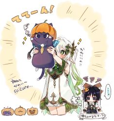  1boy 1girl animal animalization armlet arms_at_sides arms_up black_hair black_overalls bloomers blue_gemstone blunt_ends blush bright_pupils cape casual cat cat_hair_ornament circle_hands clenched_hands contemporary cropped_legs cross-shaped_pupils detached_sleeves dress emphasis_lines english_text eyelashes feathers fingernails fur_wrist_cuffs gem genshin_impact gold_trim green_cape green_eyes green_gemstone green_hair green_sleeves hair_between_eyes hair_intakes hair_ornament halloween halloween_costume heart heart_hair_ornament highres holding holding_animal holding_cat jewelry long_hair looking_at_animal marionette marionette_controller mixed-language_text multicolored_hair nahida_(genshin_impact) official_alternate_costume onigiri_po_0205 overalls person_and_animalization pointy_ears pom_pom_(clothes) pumpkin_hat puppet purple_cat scaramouche_(cat)_(genshin_impact) scaramouche_(genshin_impact) shirt side_ponytail sidelocks streaked_hair symbol-shaped_pupils tareme translation_request undershirt violet_eyes vision_(genshin_impact) wanderer_(genshin_impact) white_background white_bloomers white_dress white_hair white_pupils white_shirt wispy_bangs wrist_cuffs yellow_feathers 