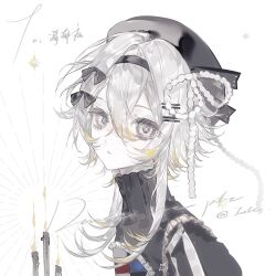  1girl bow candle candlestand grey_eyes hair_between_eyes hair_bow hair_ornament hairband hairclip hat heilanshuimuchu highres looking_at_viewer original parted_lips short_hair short_hair_with_long_locks sidelocks simple_background solo sweater turtleneck turtleneck_sweater upper_body white_background 