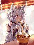  aozarigani chopsticks eating food inubashiri_momiji noodles solo sweat touhou 
