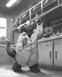  1girl 2025 2d alphys anthro artist_name barefoot buck_teeth cabinet ceiling ceiling_light coat commentary digital_media dinosaur dinosaur_girl english_commentary female female_only flask floor flower fluorescent_lamp glasses greyscale holding holding_flask inktober lab_coat laboratory lizard lizard_girl lizard_tail mewpet monochrome monster monster_girl plant reptile reptile_girl reptile_tail scalie science solo tail teeth tile_floor tiles undertale utdr_(toby_fox) window 