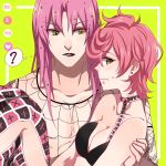  1boy 1girl breasts cleavage diavolo father_and_daughter jojo_no_kimyou_na_bouken lipstick long_hair makeup midriff pink_hair short_hair skirt trish_una u_rei_3 yellow_eyes 