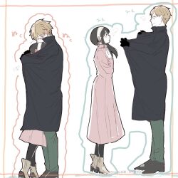  1boy 1girl 646nacho black_coat black_gloves black_hair black_shoes blonde_hair blush boots brown_boots coat commentary_request couple ear_blush gloves green_pants hairband high_heels highres hug long_sleeves looking_at_another open_clothes open_coat pants parted_lips pink_coat shoes short_hair_with_long_locks smile spy_x_family twilight_(spy_x_family) white_hairband yor_briar 