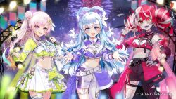  3girls :d aerial_fireworks airani_iofifteen asymmetrical_clothes bilingual_commentary black_pants blue_eyes blue_hair blunt_ends braid center_frills collared_shirt color-coded colored_skin colored_tips colored_tongue commentary copyright_notice cropped_shirt detached_sleeves diamond-shaped_pupils diamond_(shape) double_bun english_commentary fireworks frills garter_straps gradient_eyes gradient_hair green_eyes green_shirt grey_hair grey_skin hair_bun half_up_braid hand_on_own_hip hand_up hands_up heterochromia high_ponytail holding holding_microphone hololive hololive_idol_uniform_(color_rise) hololive_indonesia idol_clothes impaled kobo_kanaeru kureiji_ollie long_hair long_sidelocks looking_at_viewer microphone midriff miniskirt mismatched_pupils mixed-language_commentary multicolored_eyes multicolored_hair multicolored_shirt multicolored_skin multiple_girls navel night official_alternate_costume official_art open_mouth overskirt palette_hair_ornament pants patchwork_skin pink_hair ponytail puffy_detached_sleeves puffy_short_sleeves puffy_sleeves purple_shirt purple_tongue red_eyes red_hair red_shirt shirt short_sleeves side_ponytail side_up_bun sidelocks single_detached_sleeve single_garter_strap single_pantsleg single_sleeve skirt smile sowon split_ponytail stitched_face stitched_leg stitches sword symbol-shaped_pupils teeth thigh_strap two-tone_skin upper_teeth_only v violet_eyes virtual_youtuber weapon white_hair white_shirt white_skirt x-shaped_pupils yellow_eyes zombie 