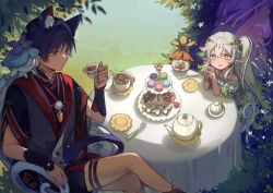  1boy 2girls adapted_costume alternate_costume alternate_skin_color animal_ear_fluff animal_ears aranara_(genshin_impact) ararycan_(genshin_impact) arm_rest armor bare_shoulders bead_necklace beads biscuit_(bread) black_shirt black_sleeves blunt_ends blush bracelet braid bright_pupils cat_boy cat_ears cat_tail chair closed_mouth collarbone creature creature_on_shoulder cross-shaped_pupils crossed_legs cup dress elbow_rest eyelashes eyeliner eyeshadow facing_to_the_side feathers fingernails food frilled_dress frills genshin_impact gold gold_trim grass green_eyes green_hair green_sleeves grey_shirt hair_between_eyes hair_ornament half_crown_braid halvamazd_(genshin_impact) heart heart-shaped_food highres holding holding_cup japanese_armor jewelry kote kurokote layered_sleeves leaf leaf_hair_ornament long_hair looking_at_another low-braided_long_hair low-tied_long_hair macaron makeup mandarin_collar multicolored_hair multiple_girls nahida_(genshin_impact) neck_ring necklace obscured_eyes off-shoulder_dress off_shoulder on_shoulder open_hand open_mouth outdoors plant plate pointy_ears pom_pom_(clothes) purple_dress purple_hair raglan_sleeves raiden_shogun red_eyeliner red_eyeshadow red_nails red_sleeves red_trim scaramouche_(genshin_impact) sharp_fingernails shirt short_sleeves side_ponytail sidelocks sitting source_request split_mouth spoon streaked_hair string sugar_cube symbol-shaped_pupils table tablecloth tail tea_party teacup teapot thigh_strap tsurime undershirt v-neck vines violet_eyes white_dress white_hair white_pupils wispy_bangs yellow_feathers yunhhj 