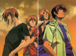  1990s_(style) 4boys absurdres belt blue_eyes brown_eyes brown_hair earrings fujimiya_ran hidaka_ken highres jacket jewelry kudou_youji lineup looking_at_another male_focus multiple_boys necklace non-web_source open_clothes open_vest outdoors pants pendant red_hair retro_artstyle shirt short_sleeves standing sunset tsukiyono_omi vest weiss_kreuz 
