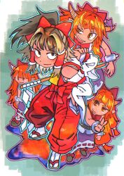  4girls :d absurdres belt_bow blush blush_stickers bow brown_hair brown_horns brown_shoes cuffs detached_sleeves footwear_ribbon gohei gradient_background hair_bow hair_tubes hakama hakurei_reimu half-closed_eye hand_on_another&#039;s_arm hand_on_own_hip highres holding holding_gohei horn_ornament horn_ribbon horns ibuki_suika inuyama_konan japanese_clothes long_hair medium_hair multicolored_eyes multicolored_skirt multiple_girls multiple_hair_bows oni orange_eyes orange_hair purple_ribbon red_bow red_hakama ribbon sandals shackles shirt shoes shoulder_blush skirt smile thick_eyebrows touhou v very_long_hair white_shirt yellow_eyes zouri 